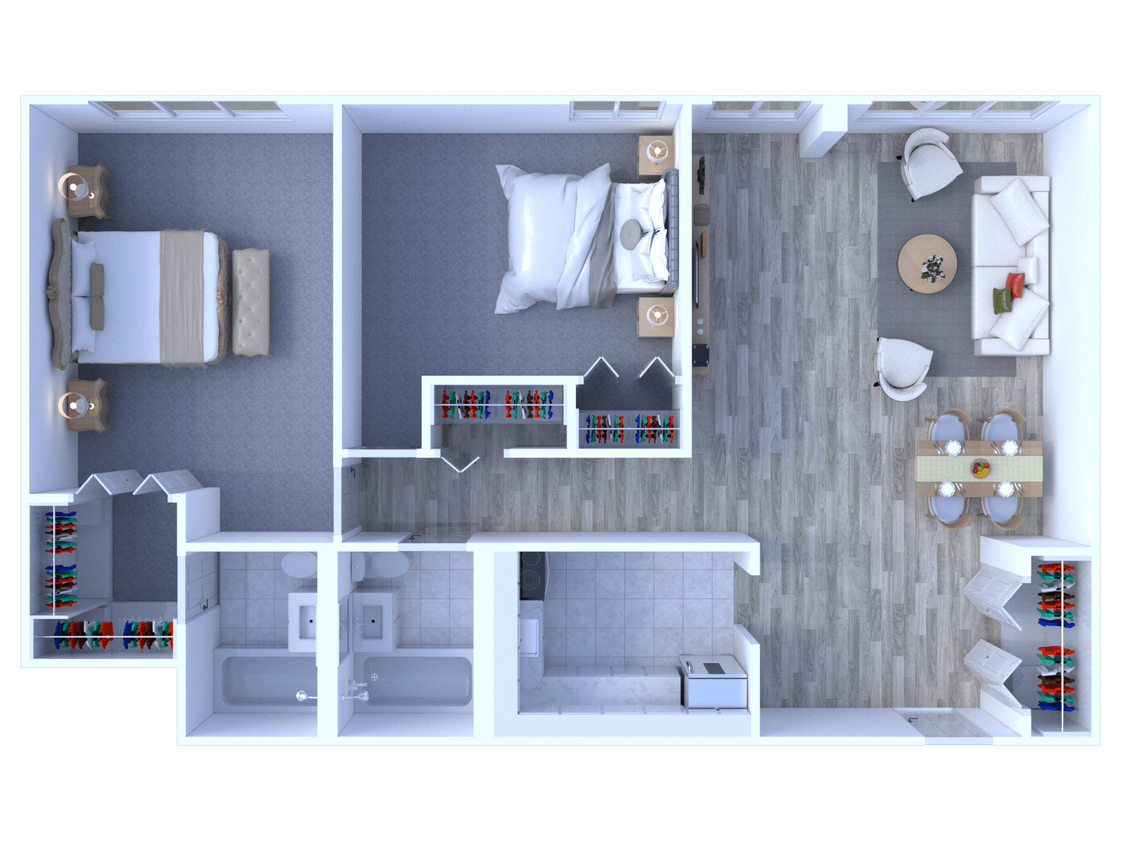 Floor plan for 2 beds, 2 baths, 1035 sqft